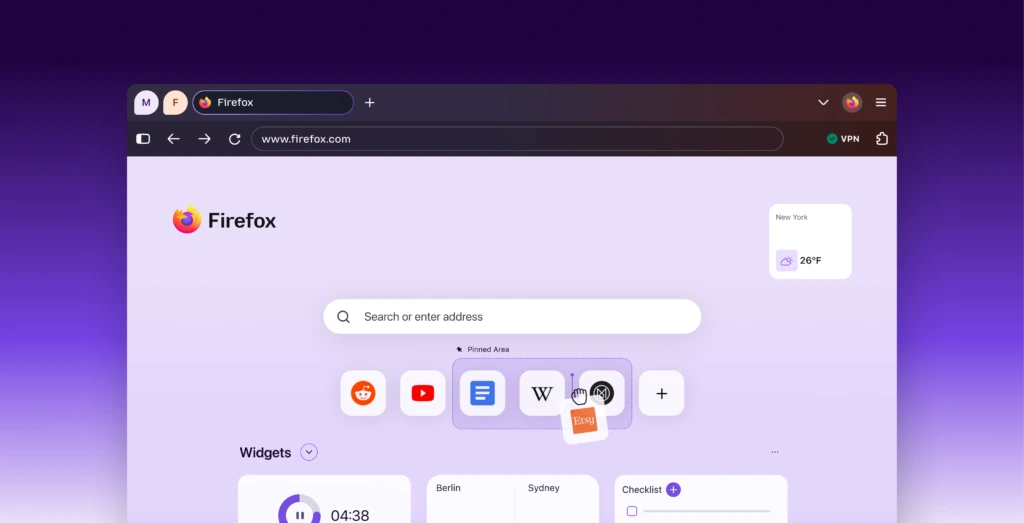 Interfaz oficial de Firefox con pestañas, accesos fijados y widgets en la página de inicio