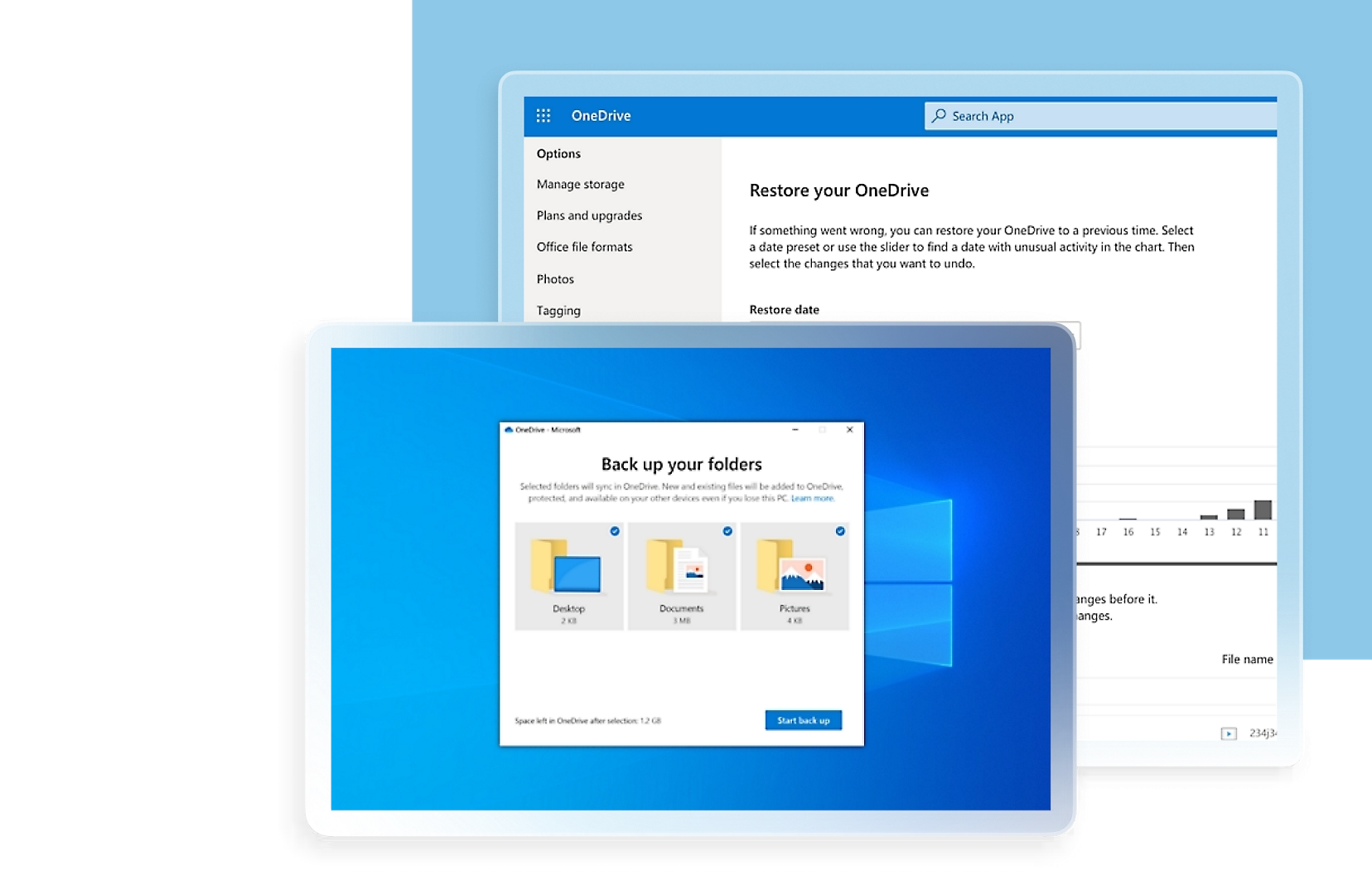 Capturas oficiales de Microsoft OneDrive que muestran el respaldo de carpetas en Windows y la restauración de archivos